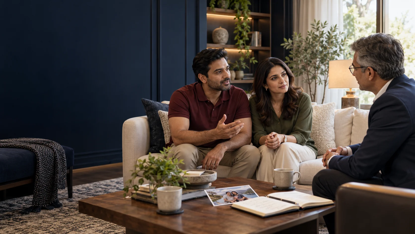 Illustration of a couple discussing their priorities with an adviser