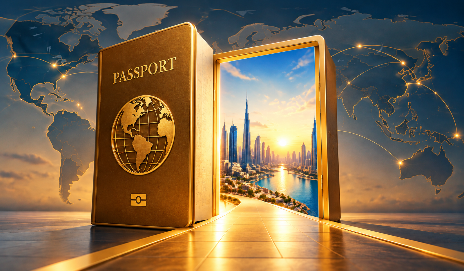 A golden passport opening toward a city skyline and a connected world